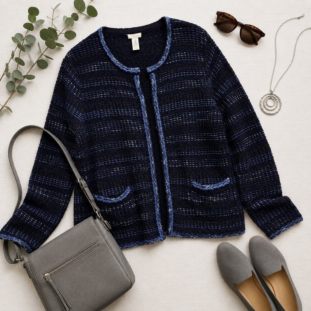 Chico’s Tweedy Stripe Cassie Cadigan NWT Navy Blue Textured Knit Coastal Chic 3